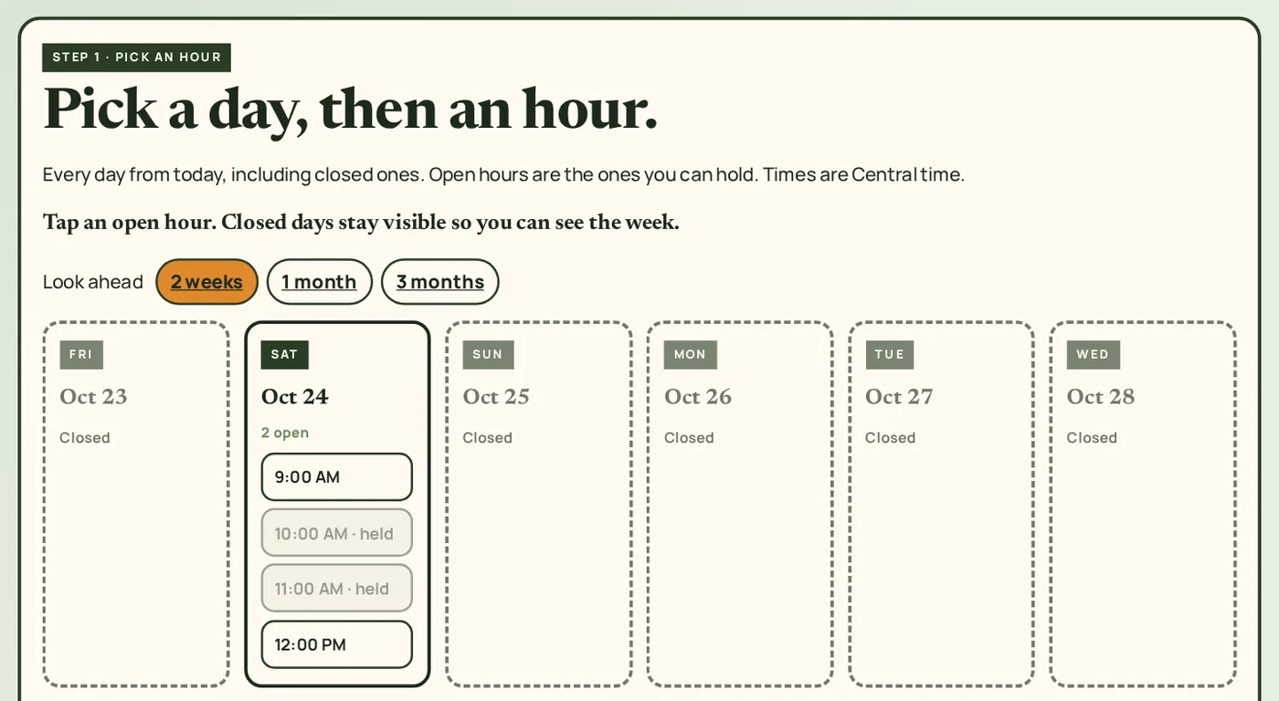Willow Lane client page with open and held hours on the calendar.